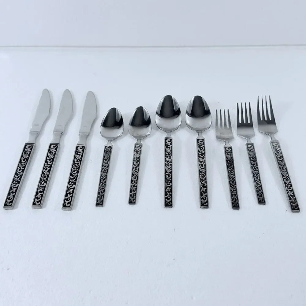 VTG Riviera Rose Stainless Flatware Japan LOT 9 Pc Black Textured Floral MCM
